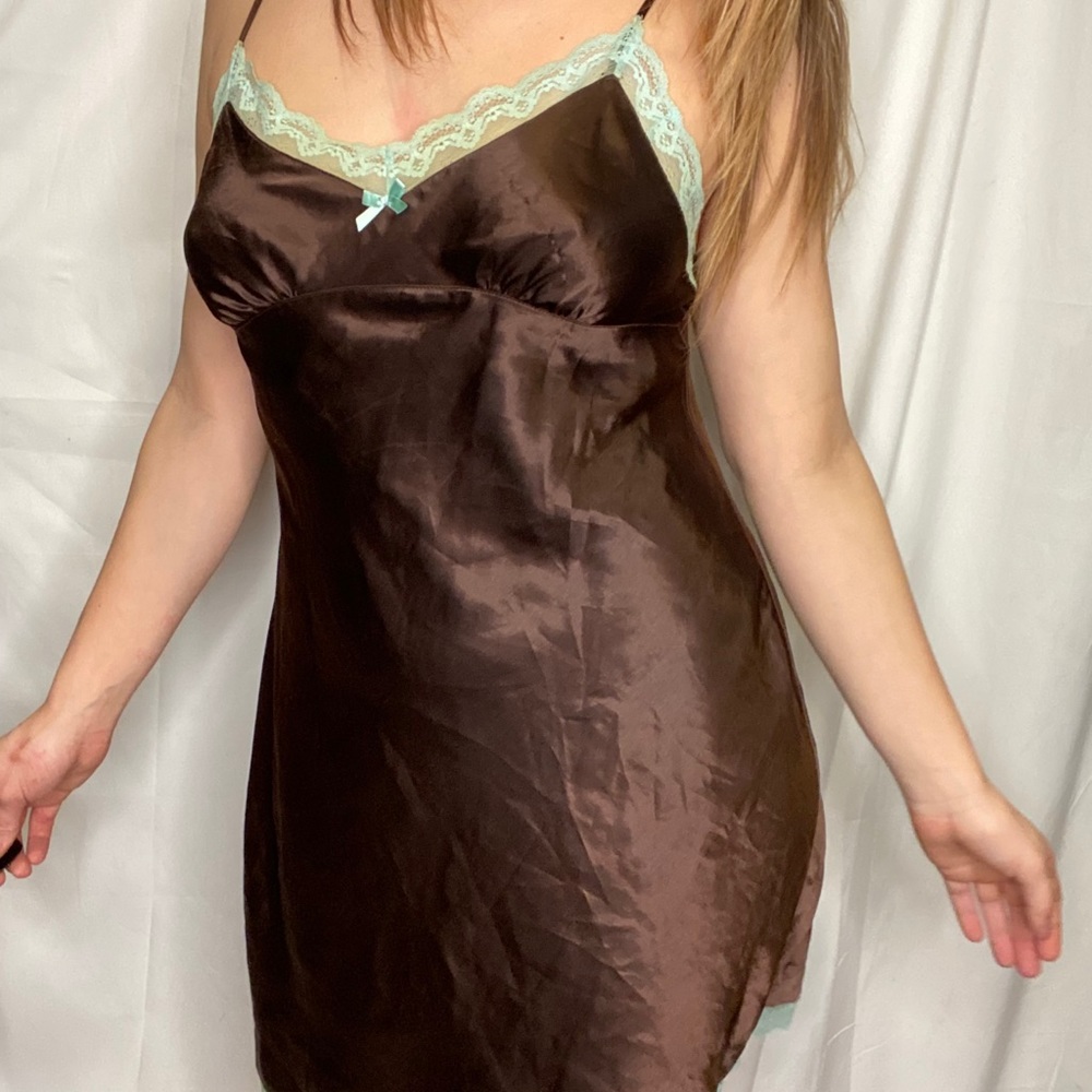 Silk slip brown blue lace lingerie dress